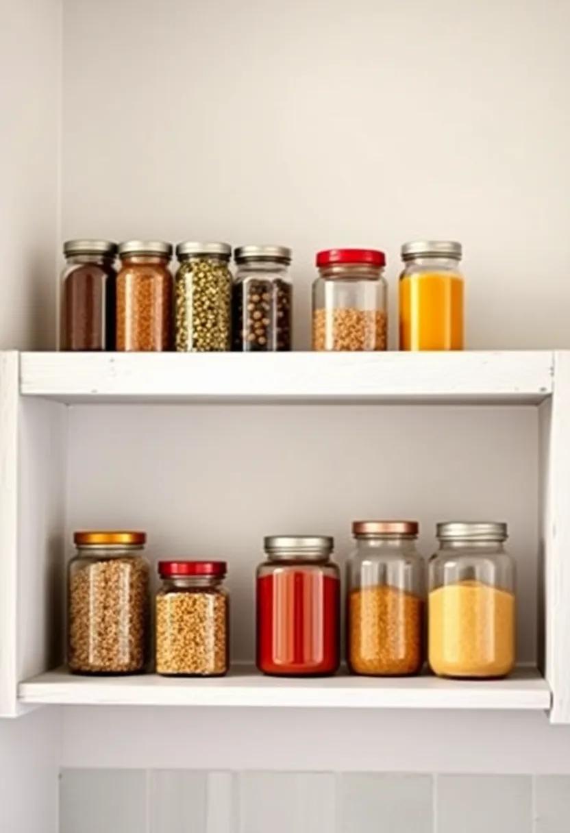 fill an open shelf with​ colorful spice jars to add both an organizational element and a vibrant pop of color