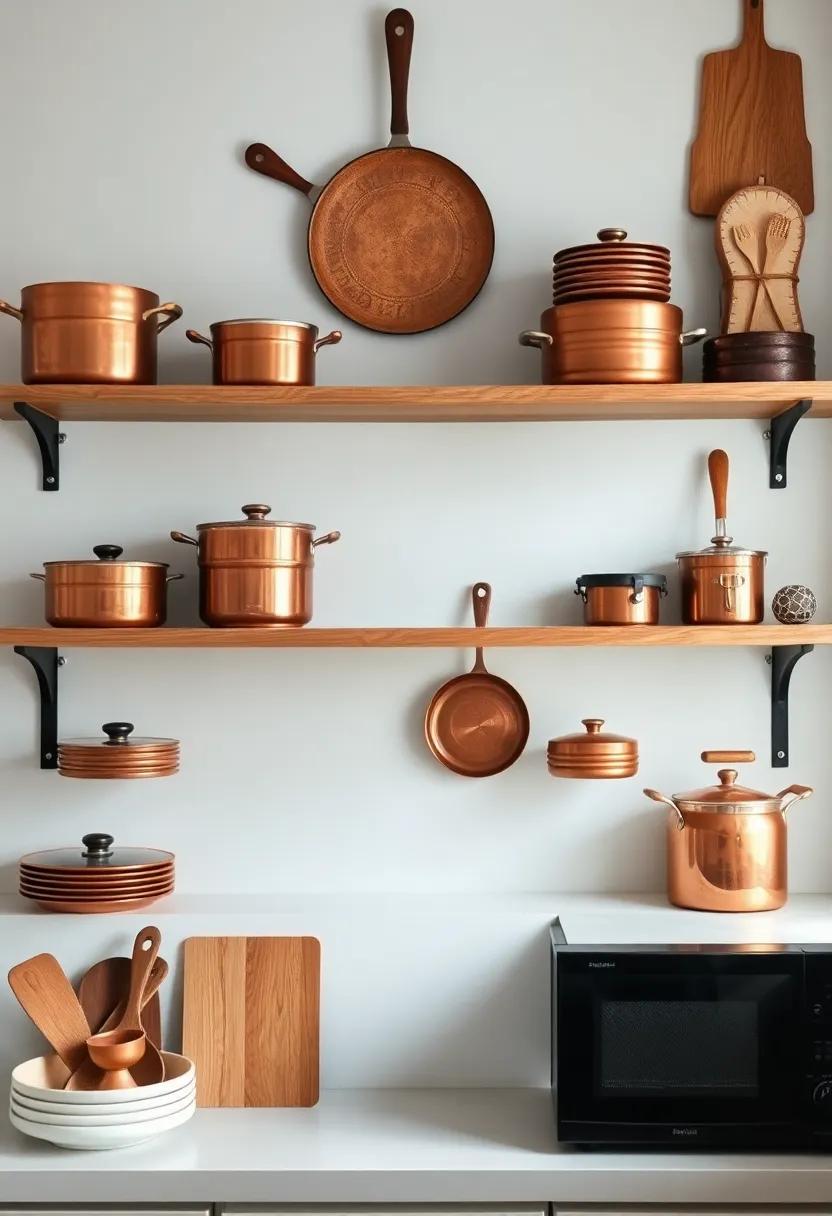Use copper pots and ‌pans displayed on​ open shelves for‍ a pop of color ‍and a vintage culinary charm
