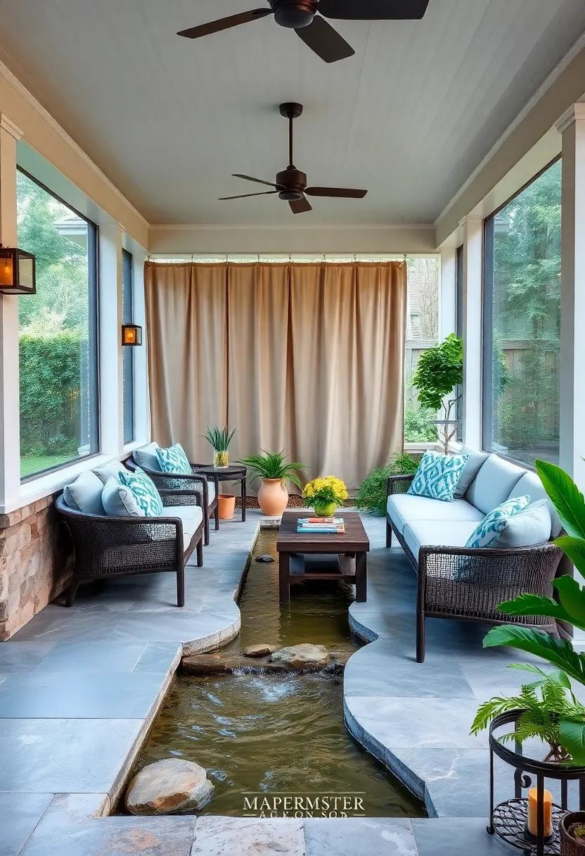 Install​ a Babbling​ Brook: Create a soothing backdrop‍ with a small bubbling brook that runs ‌alongside‌ your ‍screened porch to provide both sound⁤ and visual privacy