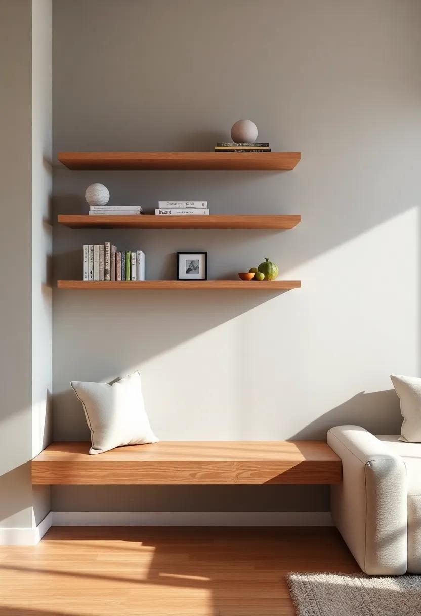 Floating ⁣Shelves with Built-in Benches: ⁤Maximize wall⁢ space⁣ with sleek⁣ floating shelves⁢ that double as cozy⁢ benches, perfect for reading nooks