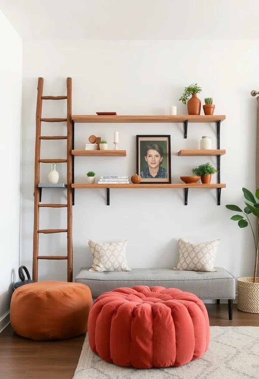 Rustic Ladder​ Shelves with Poufs: Incorporate a rustic ladder ⁤for ⁢a unique‍ shelving option ‍paired⁣ with poufs⁣ that serve ⁣as⁣ casual seating, encouraging comfort‌ and style