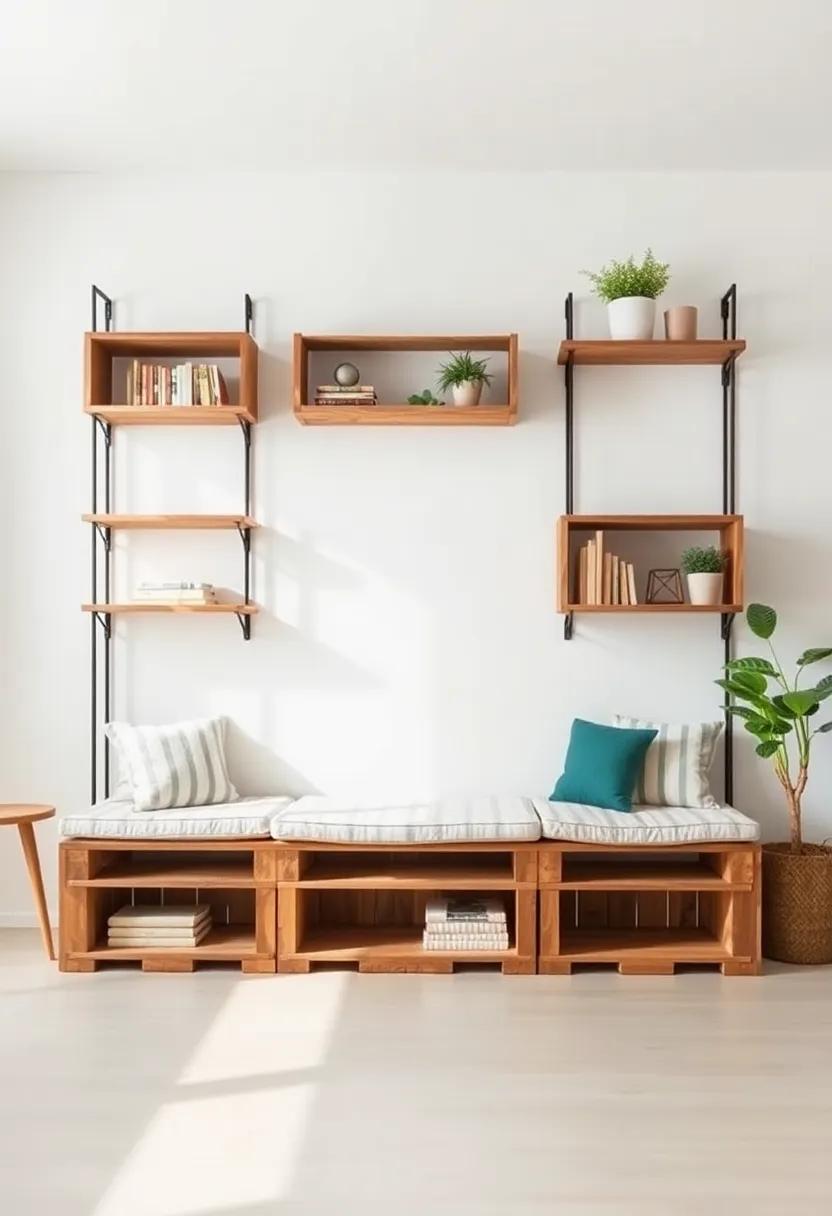 Pallet Wood‍ Shelves with Cushioned Seating: Repurpose pallet ​wood by constructing shelves‌ that extend into ​cushioned seating, ideal for a ‍casual, ⁢eclectic look
