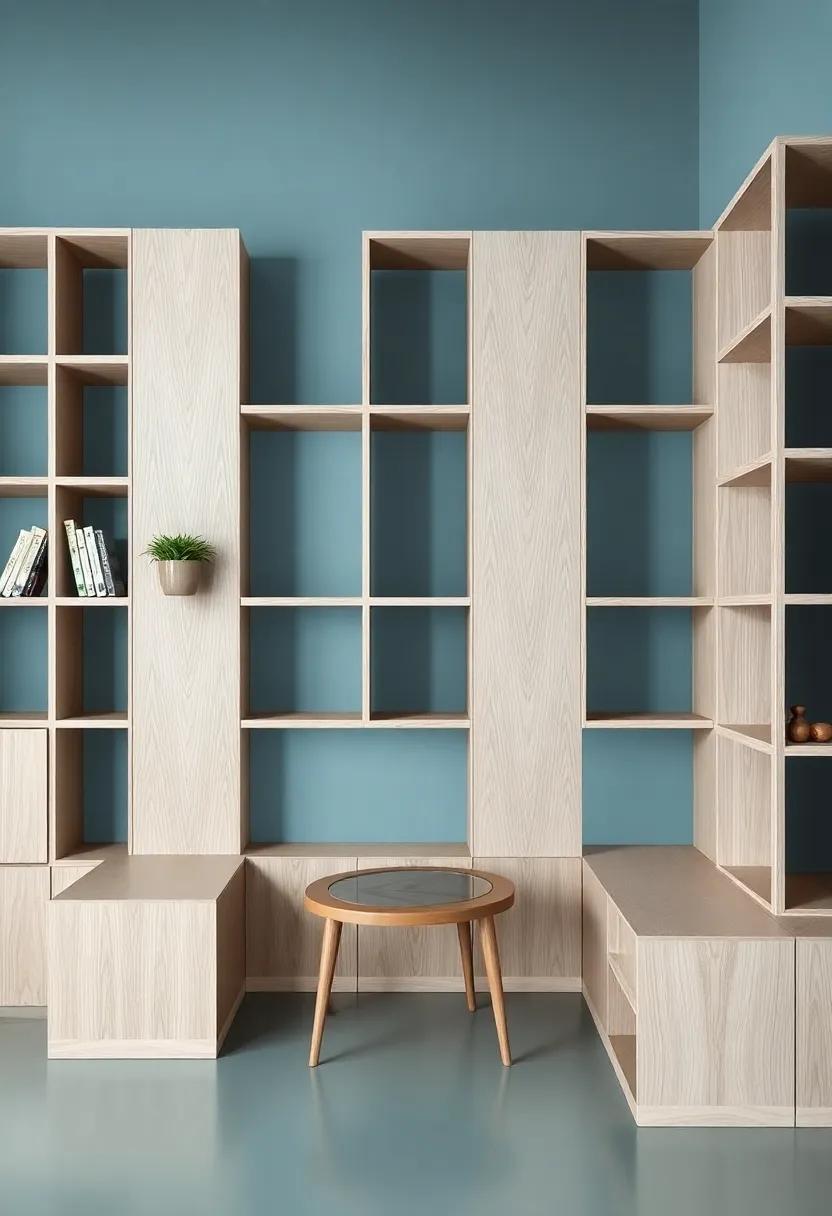 Parquetry​ shelves with Integrated Chairs: Show‌ off your design flair with parquet-style shelves that feature built-in chairs,‍ a chic⁤ addition to any living room