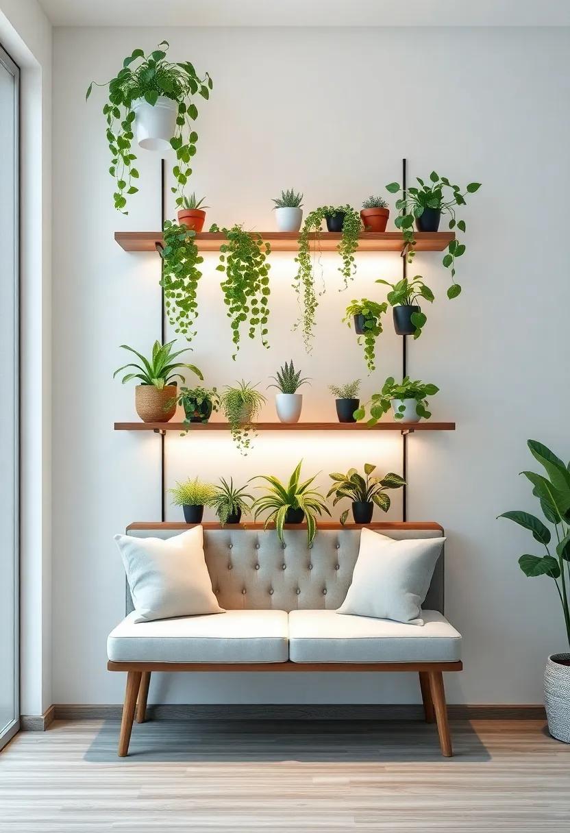 Vertical ⁣Garden Shelves with Bench: Combine indoor plants with a built-in bench on⁢ lower shelving, creating ⁣a refreshing green ⁢space for ⁣relaxation