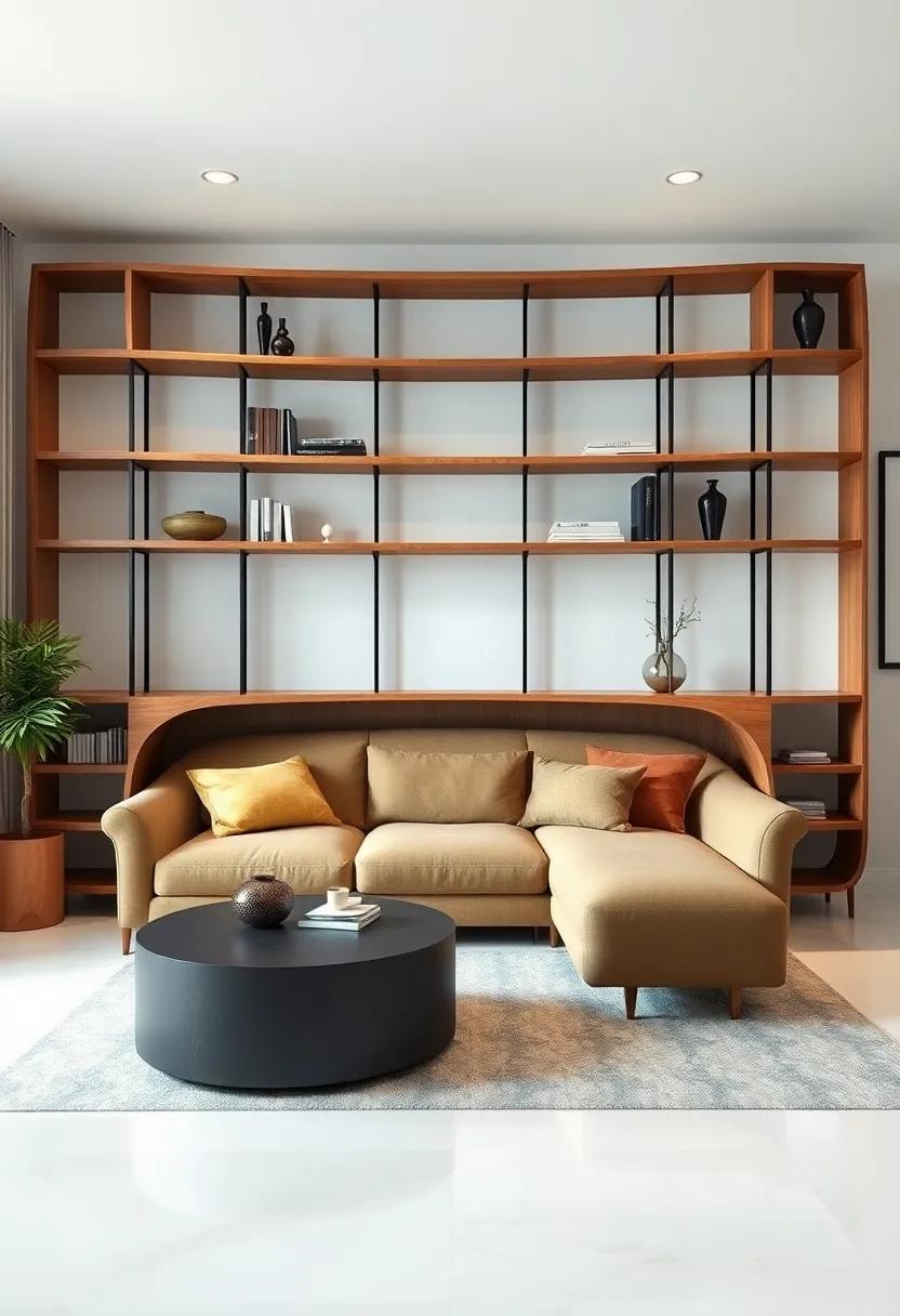 Artisan⁤ Curved Shelves with Sofa: Utilize‍ artisan-crafted curved shelves ⁤that​ seamlessly connect with a‍ stylish ⁢sofa,⁣ fusing art and‍ comfort