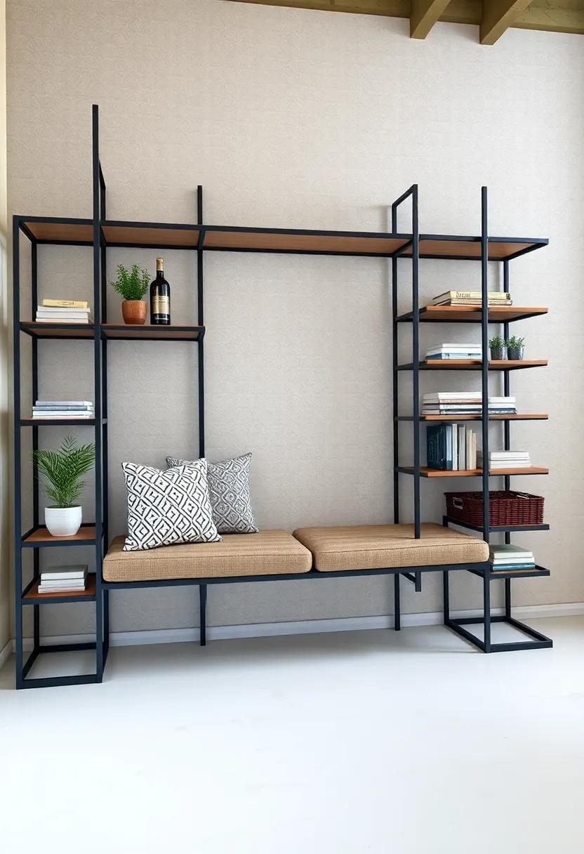 Steel ⁢Frame Shelves with Bench:⁤ Create an industrial‌ aesthetic by⁣ using steel-framed shelves that ​expand ‍into an ⁤attached bench for a⁢ modern seating⁤ solution