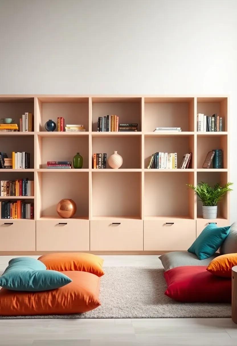 Multi-tiered Bookshelves ‌with Floor⁣ Cushions: ​Embrace⁢ an informal ​vibe with ⁣multi-tiered shelves complemented by colorful floor cushions ⁣for ⁢casual seating