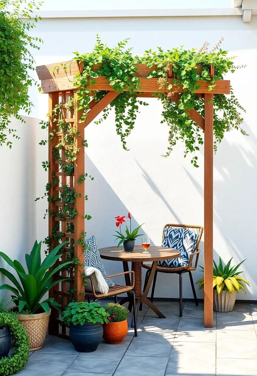 Charming Trellis: Incorporate ​a wooden trellis ⁤adorned with climbing plants for added privacy ⁢and a touch of⁣ nature, enhancing your patio's ambiance