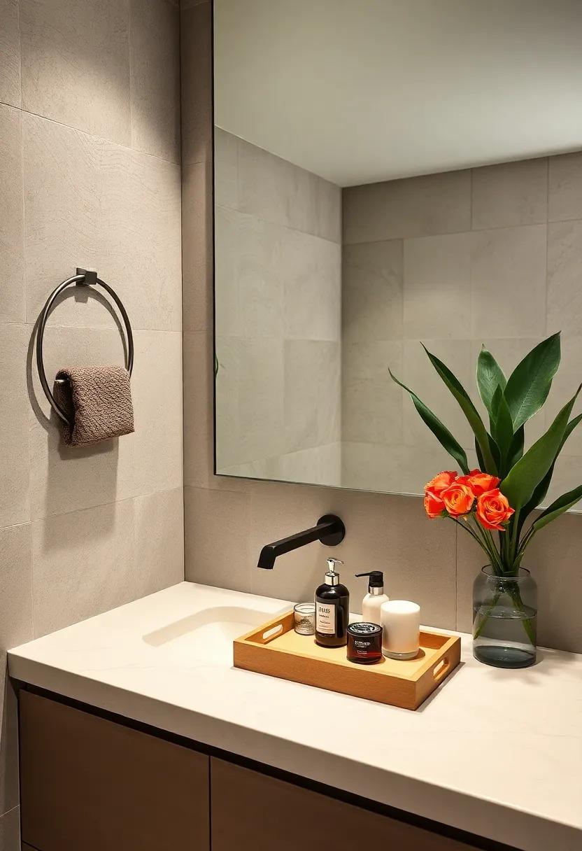 Subtle ⁤Decorative Trays: Use a⁣ small, simple tray to⁢ corral bathroom essentials like soaps and hand creams