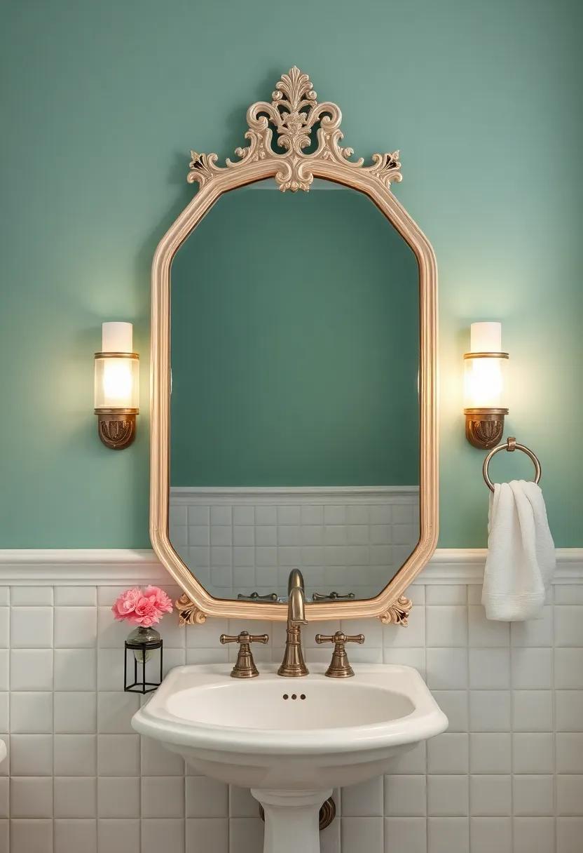 Ornate Mirrors: Hang a decorative, vintage​ mirror to add charm and reflect light, giving your bathroom an illusion of space