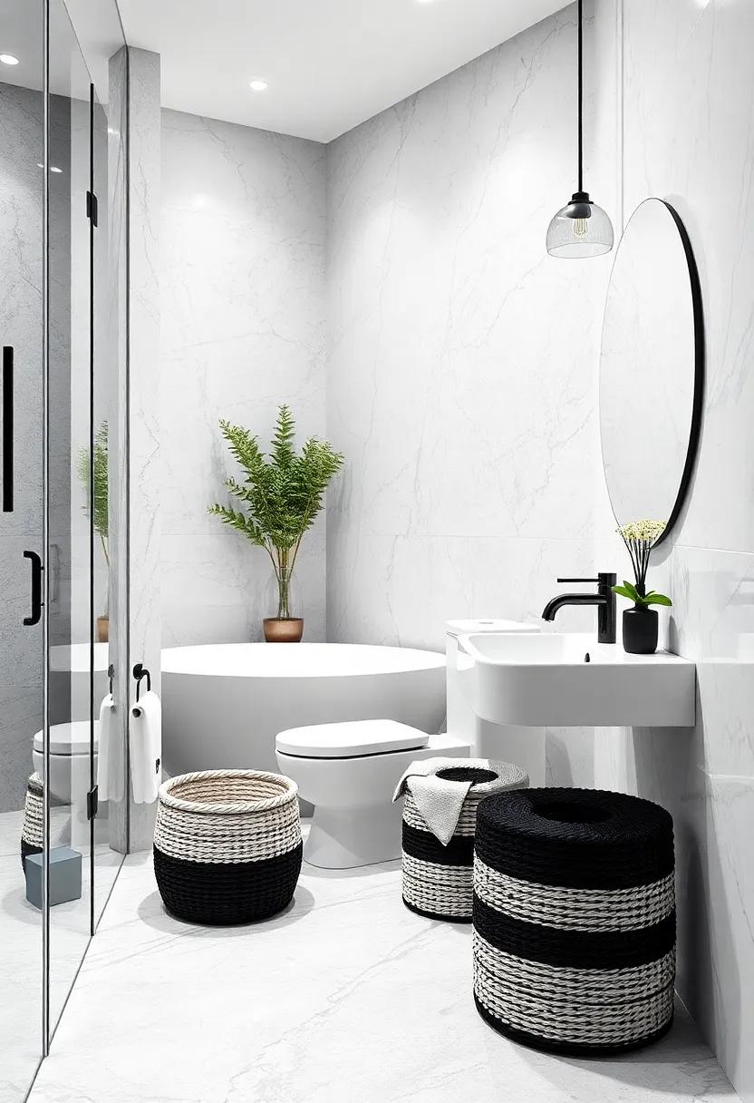 Artful Storage Baskets: Use woven black and white storage baskets​ for a stylish yet practical way to organize ​bathroom essentials while keeping the aesthetic cohesive