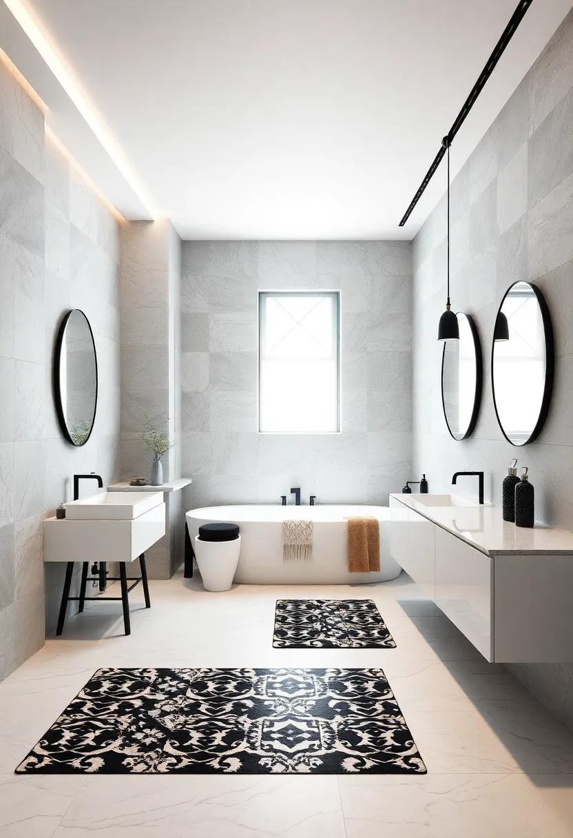Artistic Shower Mats: Select a bold patterned shower mat that ties into the black and white theme while adding ⁢comfort and style