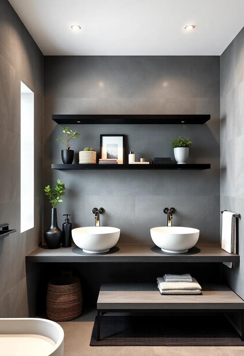Floating shelves: Use black floating shelves to display decor and essentials, ​maintaining an open feel while showcasing your personal style