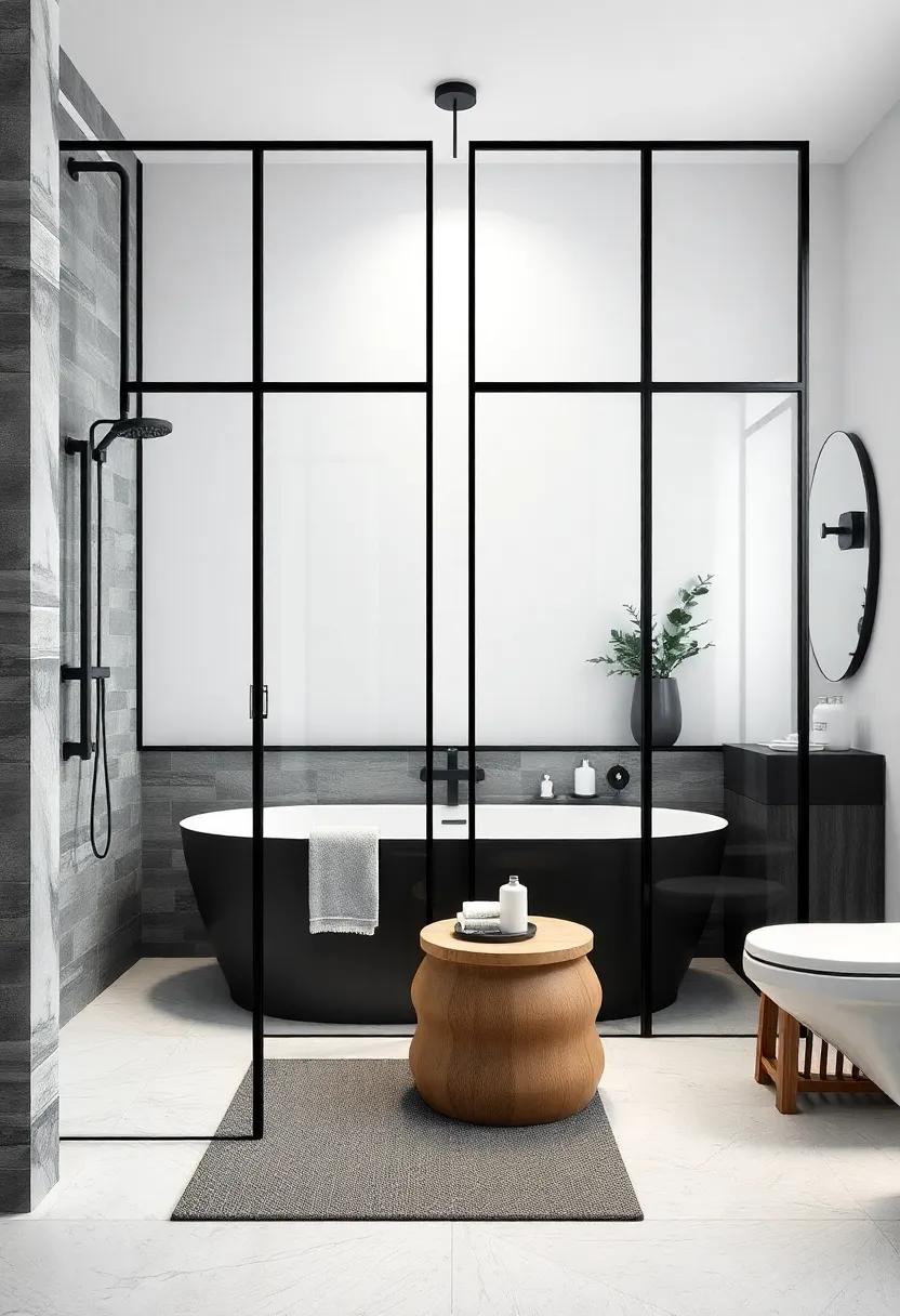 Shower Glass Panels: Replace shower curtains with‌ clear glass panels ‌framed in black for an unobtrusive yet sophisticated shower design