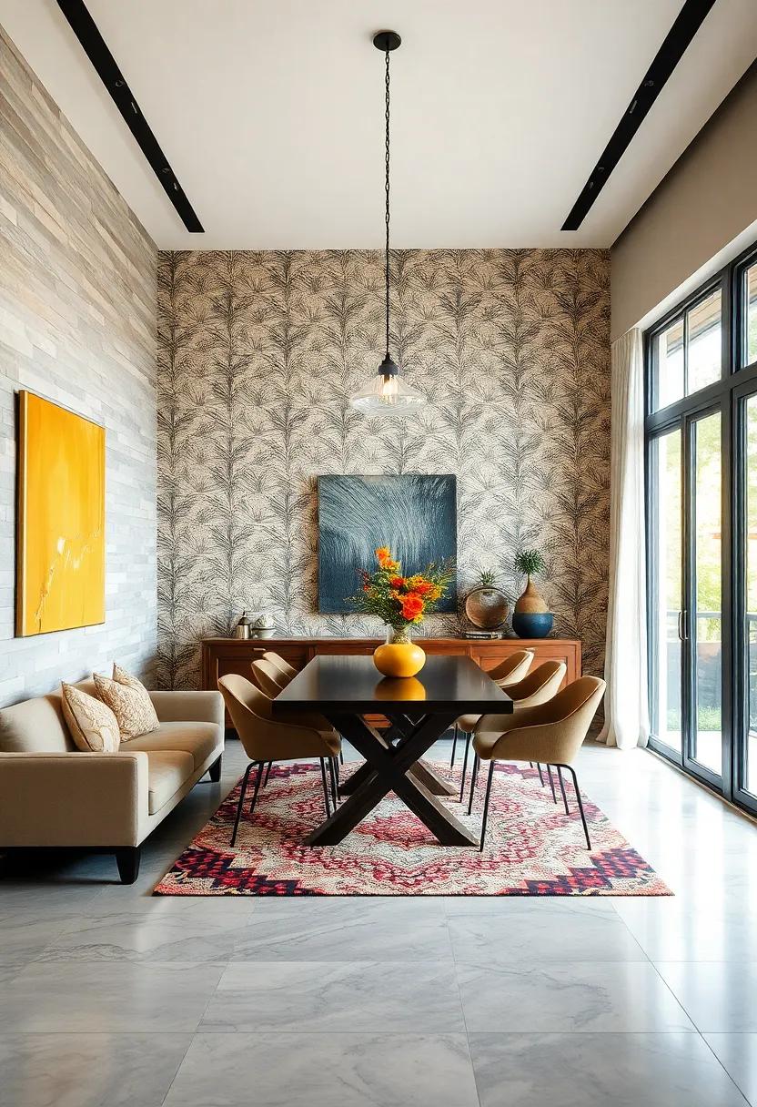 Bold Graphic ‌Patterns: Use ⁤statement wallpaper⁢ or vibrant textiles to ‍add visual ​interest ⁤and personality to ⁣your ‌dining room