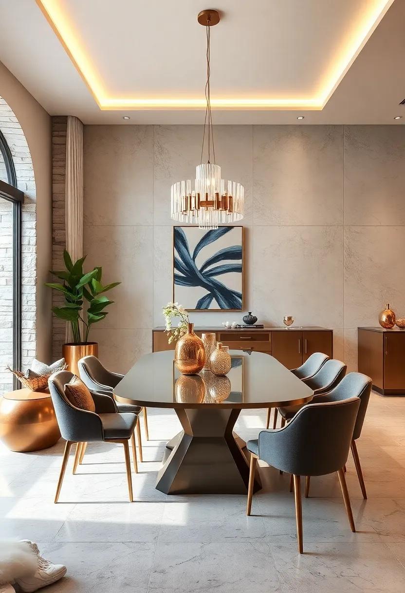Glamorous⁢ Metallics: Enhance your dining experience with⁢ reflective surfaces, ⁣statement lighting, ⁢and metallic⁣ elements ⁢for a chic and eye-catching​ look