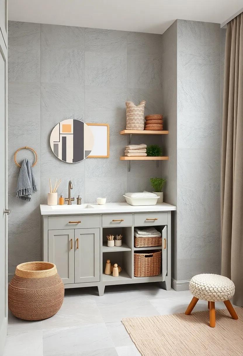 Stylish Changing station: Design a light grey changing area with decorative baskets and shelves to keep essentials within reach,​ blending⁣ utility with elegance