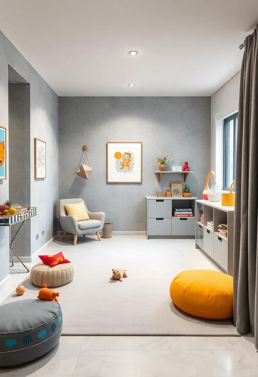 Functional Play ⁢Area: Create a dedicated play corner with light grey​ soft play mats and‌ storage units, encouraging explorative play ‌while keeping the decor⁢ cohesive