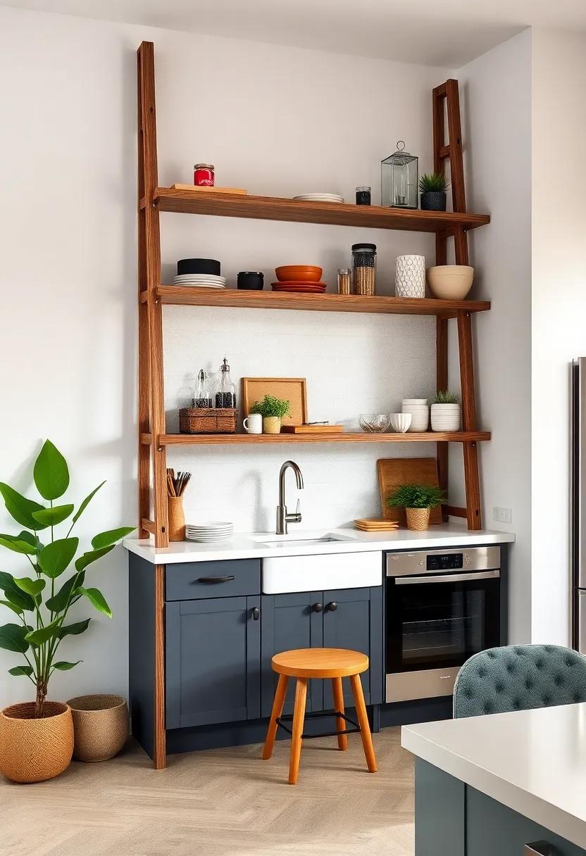 Vintage Ladder shelves: Repurpose‍ an old wooden ladder as a ⁢unique shelving unit,perfect for displaying cookbooks,jars,or decorative items