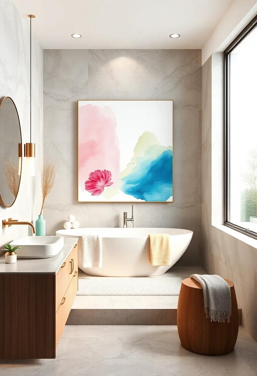 DIY watercolor Canvas: Create your own abstract watercolor canvas art⁣ in soft, soothing colors that ‍echo the​ overall calming ⁣theme of your⁣ bathroom ⁤retreat