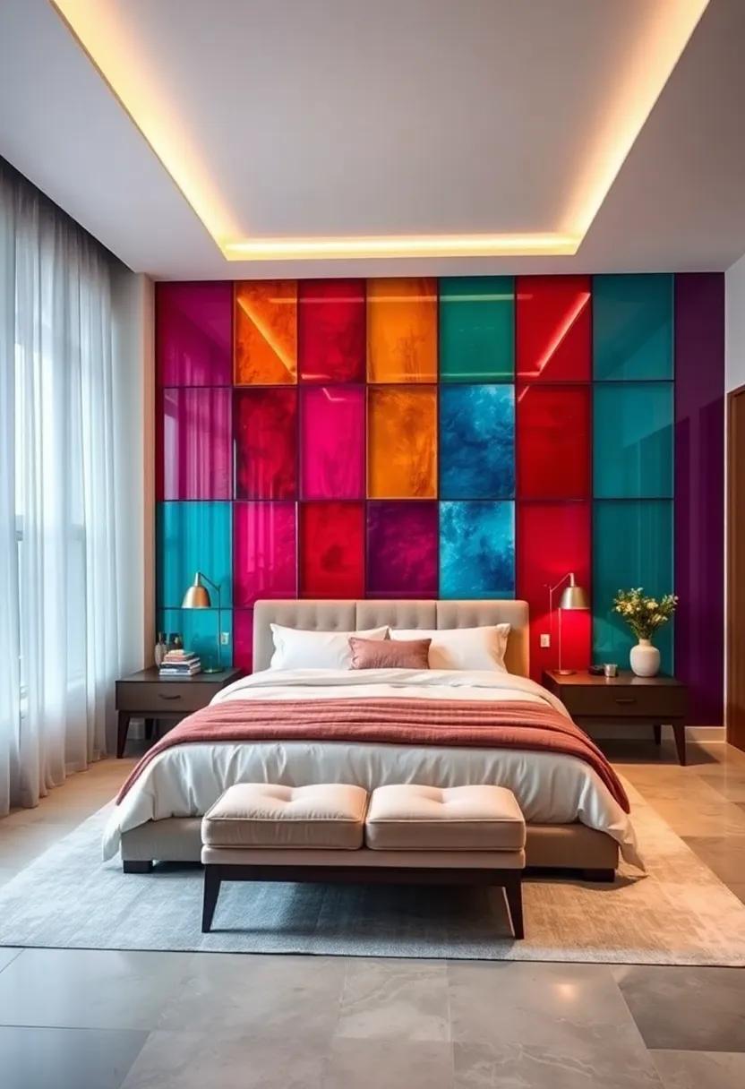 Colored Glass Accent​ Wall: Play with vivid hues by ‍installing colored glass panels ⁣that serve as ‌a focal point, transforming your bedroom ⁣into a vibrant haven