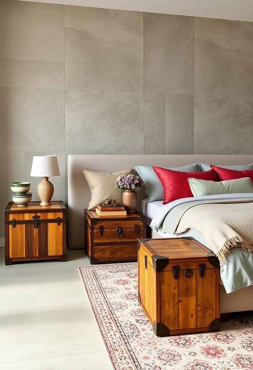 Decorative⁢ trunks: Incorporate ‌vintage trunks or chic storage chests⁣ as bedside tables that double as storage⁤ for seasonal items or extra bedding