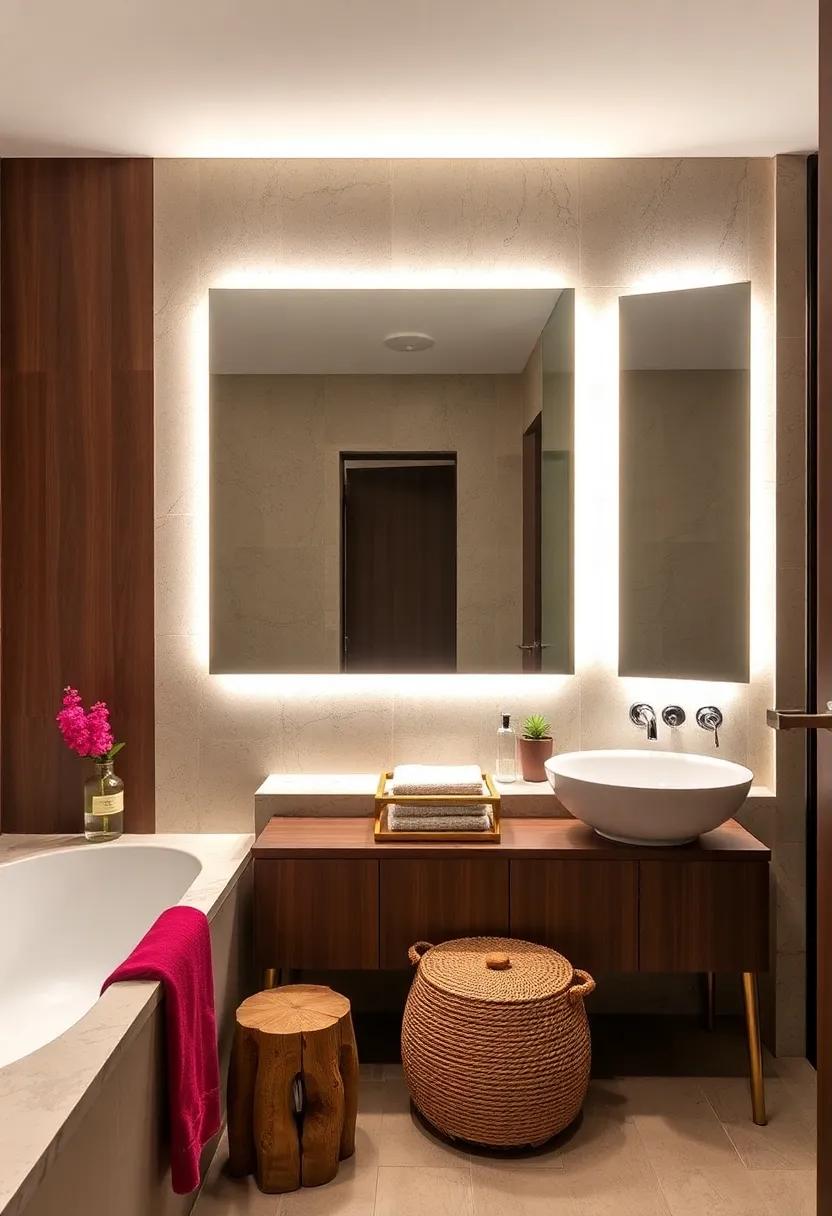 Backlit Mirrors: install backlit mirrors for a contemporary twist​ that offers both functionality and ambiance