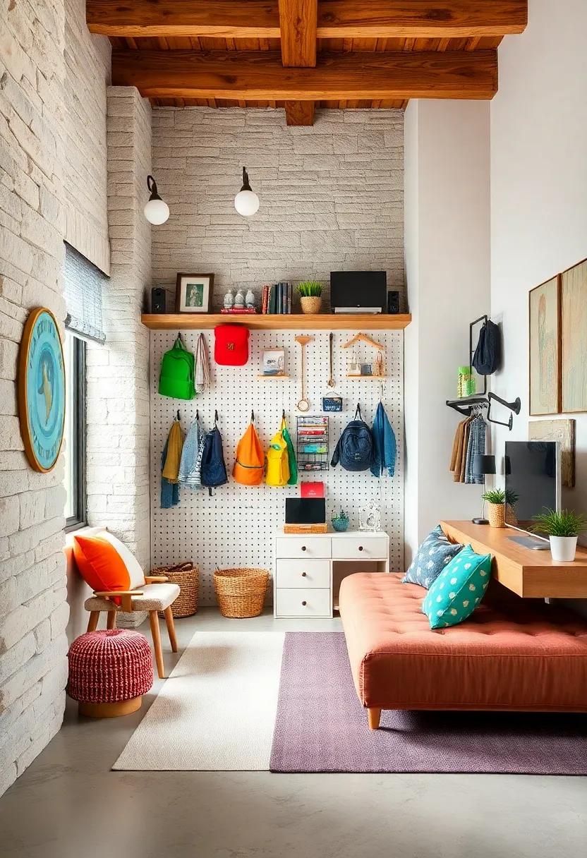 Pegboard Organization: Install a colorful pegboard for hanging hats,backpacks,or art supplies,turning a simple wall into a functional workspace