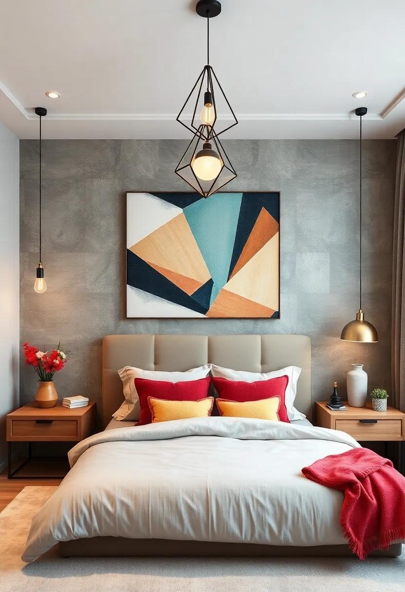 Lighting Integration: Choose ‌geometric⁤ pendant lights that‍ hang ​above your bed, doubling as​ art pieces‌ and⁣ functional ‍lighting