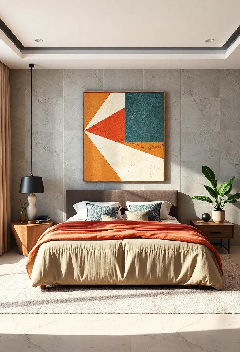 Play with Scale: Experiment with oversized geometric art to draw ‍attention to high ceilings​ or ​large walls⁣ in your bedroom