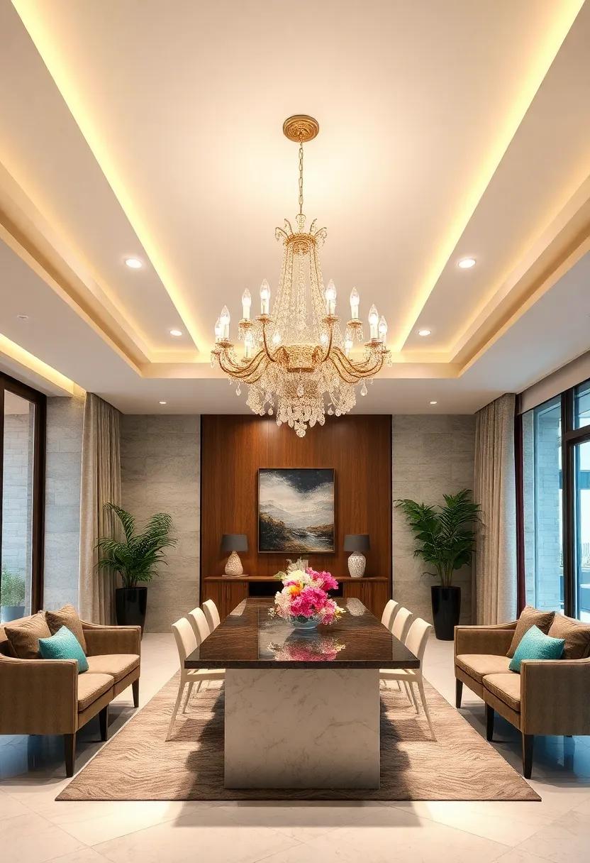 luxurious Elegant Chandeliers: Incorporate a stunning chandelier as a centerpiece of your ceiling to elevate ⁢your‌ dining experience with a sense of opulence