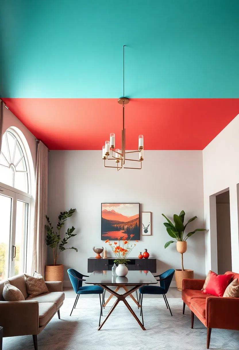 Retro Pop of color: Incorporate​ a playful retro ⁤color scheme on the ceiling to complement mid-century modern⁣ dining room⁣ decor