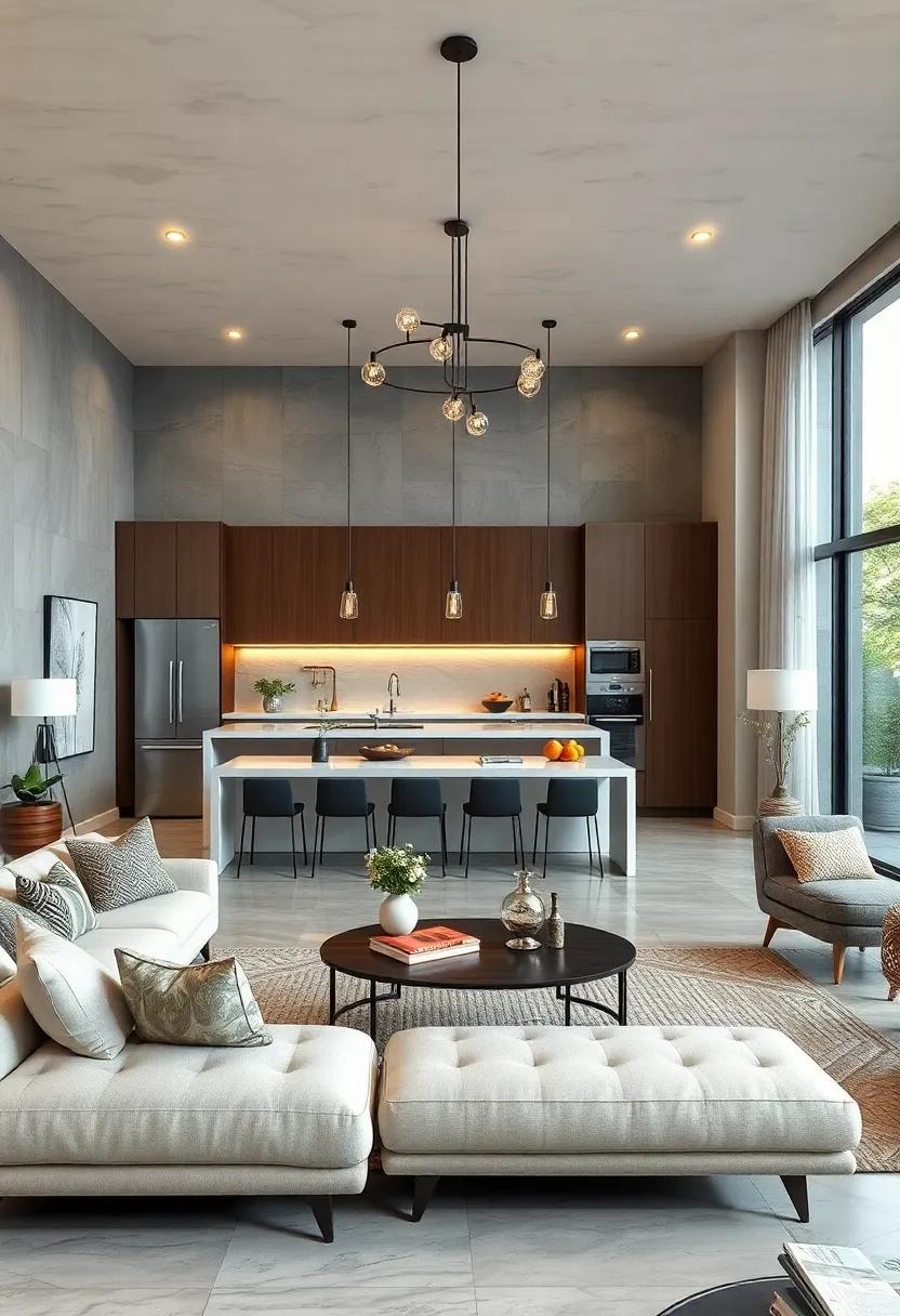 Choose elegant lighting fixtures that add sophistication and create ambiance⁤ for both the kitchen and living area