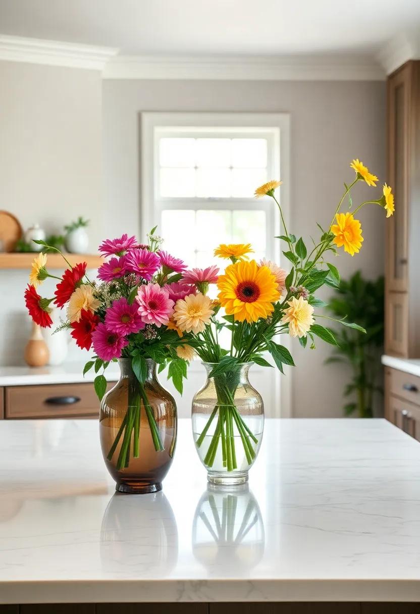 Artistic ​Centerpieces with‌ Blooming Flowers - ⁣Use ⁤a beautiful vase filled with fresh ⁤flowers as ⁣a⁤ centerpiece to bring life and color to your ⁣kitchen ⁤island