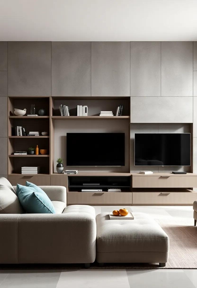 Modern Minimalism: Embrace sleek lines and a neutral palette with a wall unit that⁤ features open shelving and integrated ⁣media storage, perfect for a clutter-free look