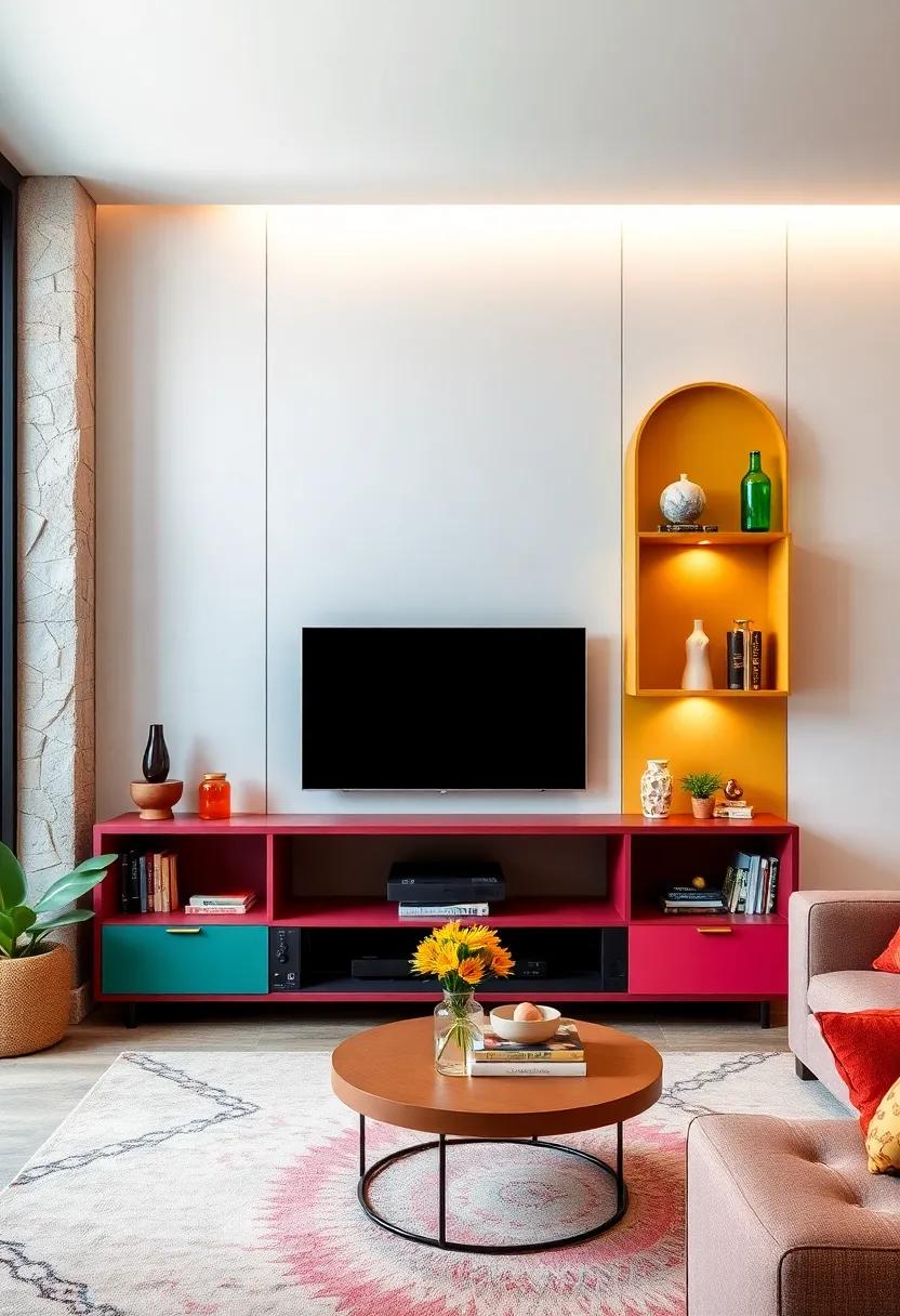 Colorful Whimsy: A playful wall unit⁣ with‍ pops of color and unconventional shapes adds‍ a fun element to your living⁣ room while providing ample media storage