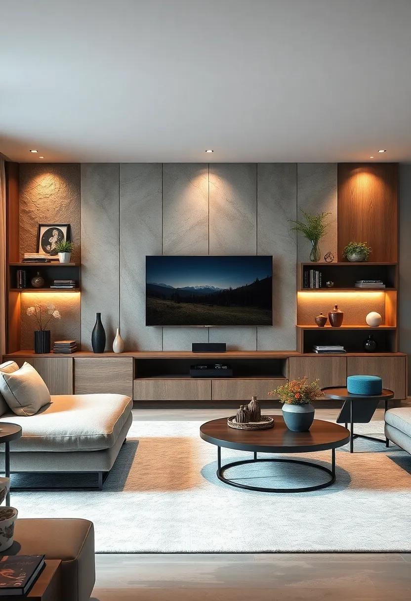 Nature-inspired: Incorporate earthy tones and natural textures in a wall unit that brings the outdoors inside, enhancing your living room's overall aesthetic