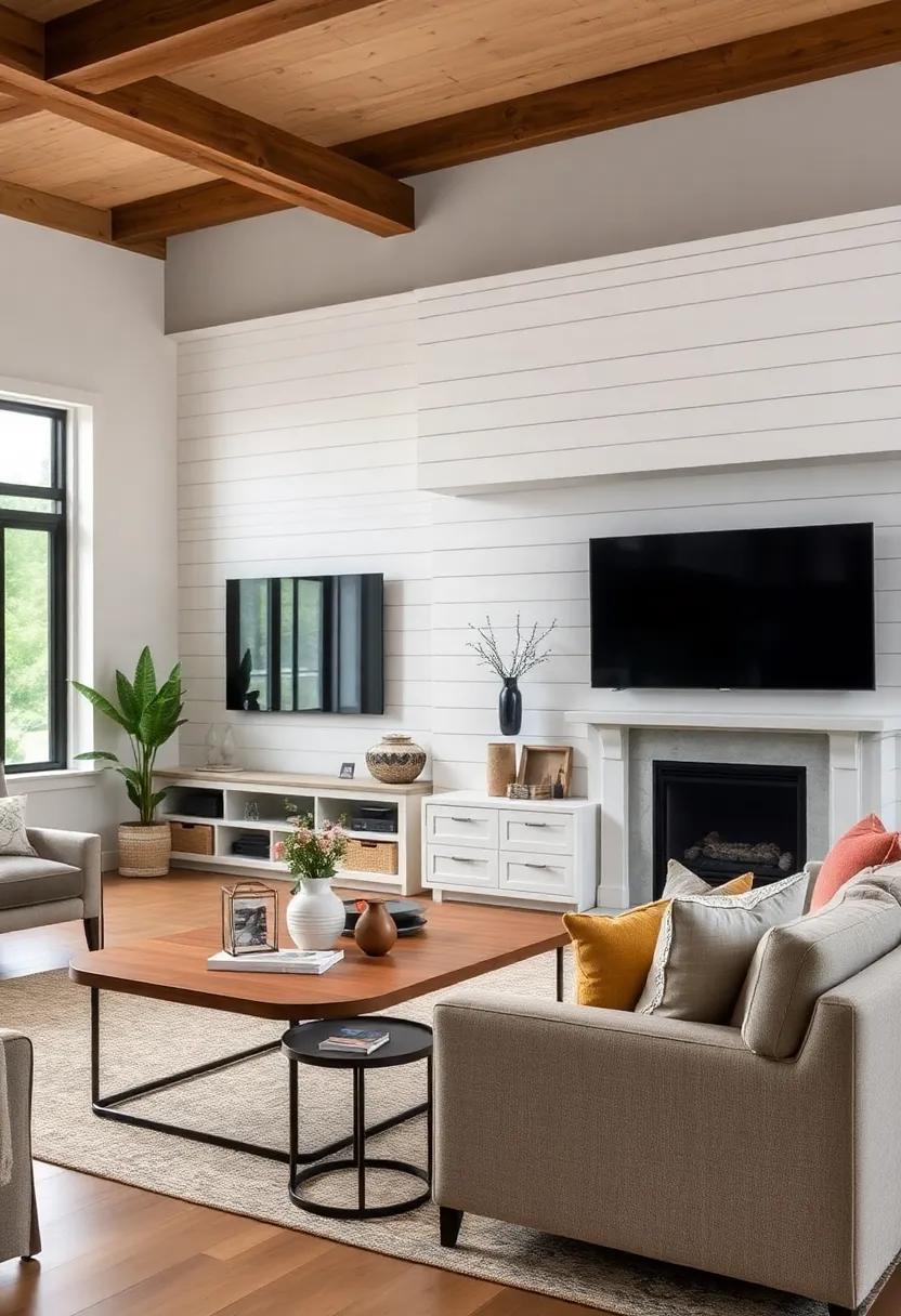 Farmhouse Appeal: A white shiplap wall unit brings rustic charm‌ to the forefront, providing​ an ideal blend of style ‍with convenient media storage solutions