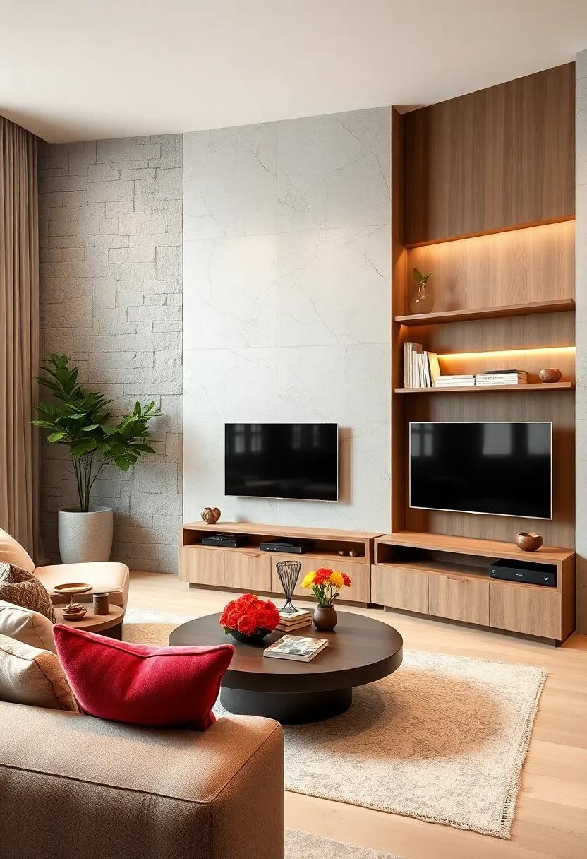 Space Savvy: Opt for a compact wall unit that maximizes vertical space, incorporating hidden compartments for your electronics without sacrificing style