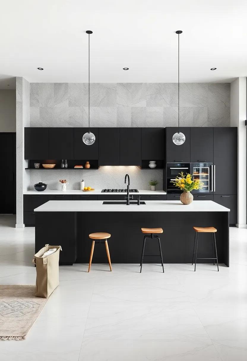 Functional Island: Design⁢ a multifunctional kitchen island in matte black with white countertops to serve as both a cooking space and a social​ hub