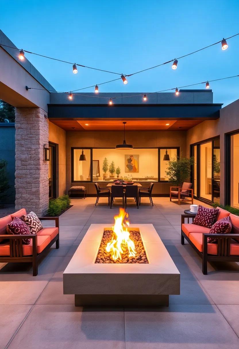Layered lighting: Combine ambient lighting around the dining area with a central fire pit for a ​comfortable, well-lit setting that encourages relaxation and connection