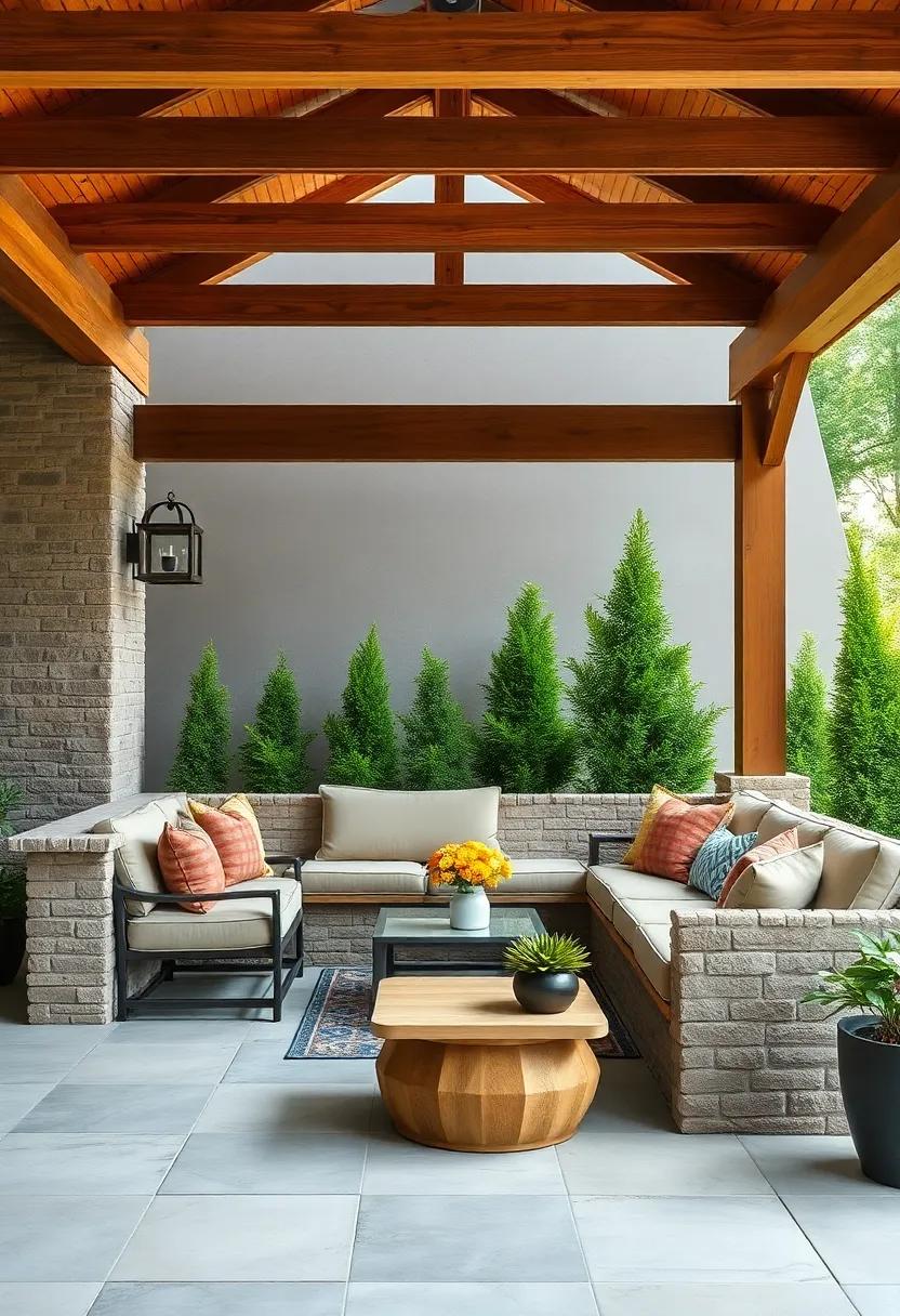 Celebrate craftsmanship with a timber-frame​ patio featuring built-in seating that showcases intricate woodwork, creating a focal point⁢ in ⁢your outdoor area