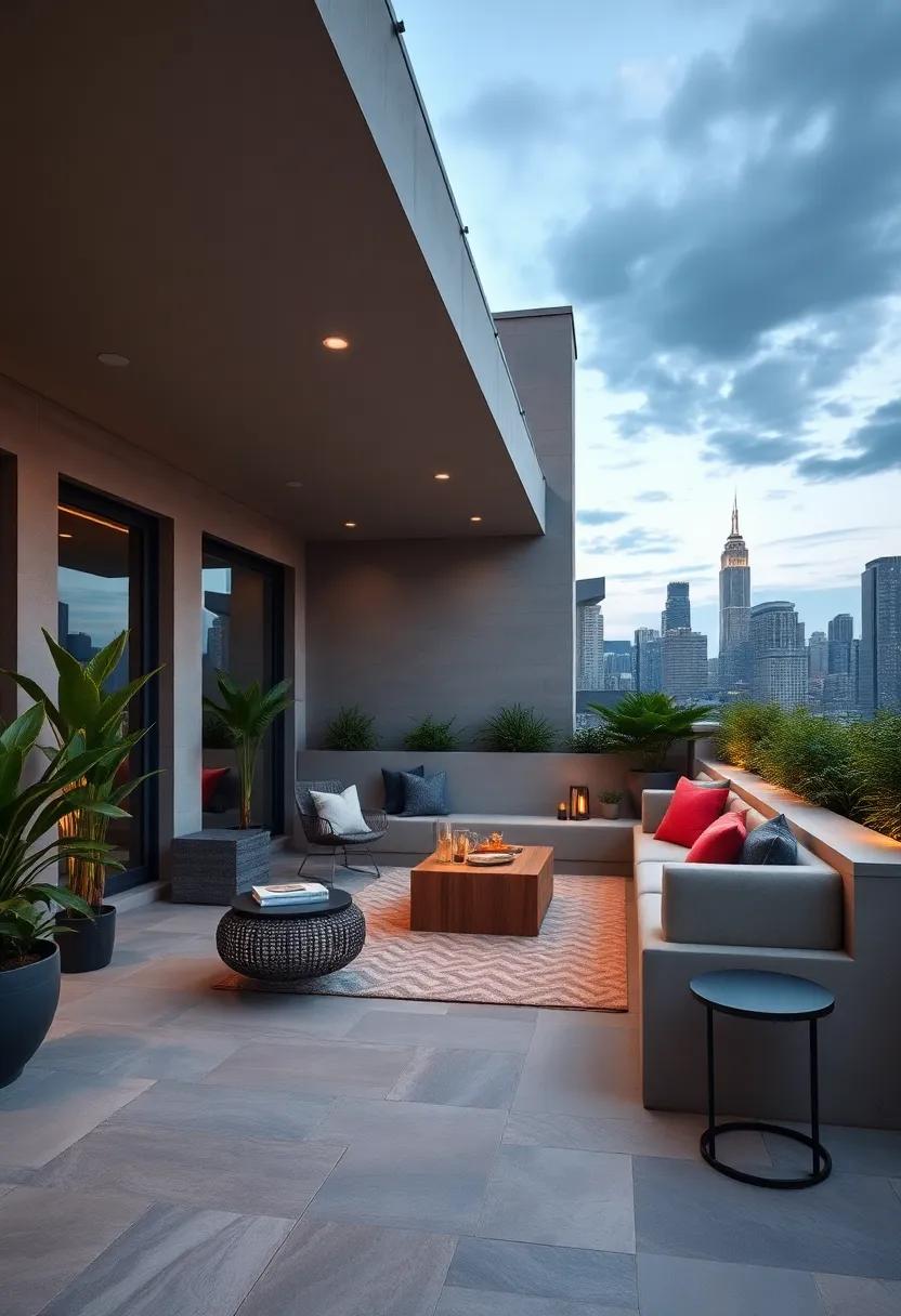 celebrate ‍urban living ⁤with a chic city patio that boasts sleek built-in ‍benches and a beautiful city skyline, perfect for ⁢evening​ cocktails