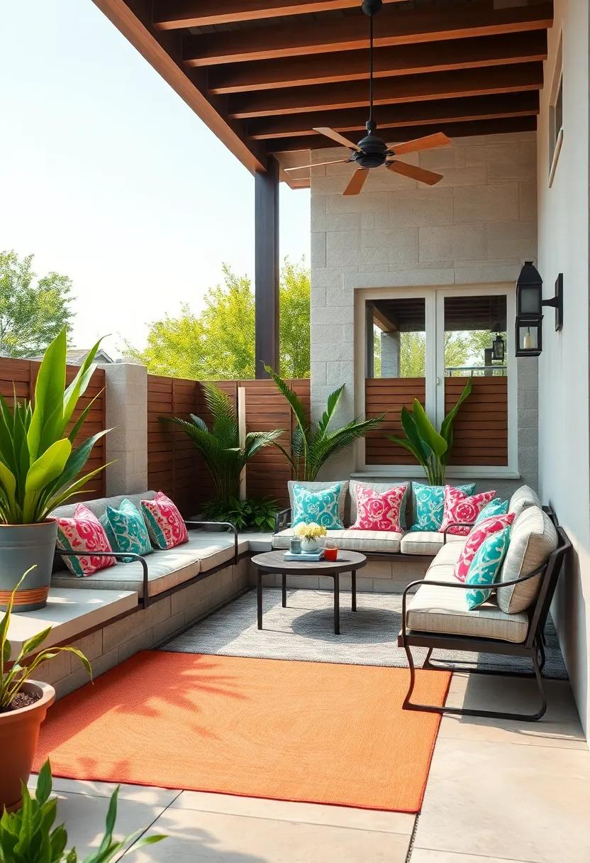 Craft⁢ a playful retreat with a ‍vibrant patio where built-in ​seating sports colorful cushions and playful‌ patterns,‌ beckoning outdoor fun and laughter