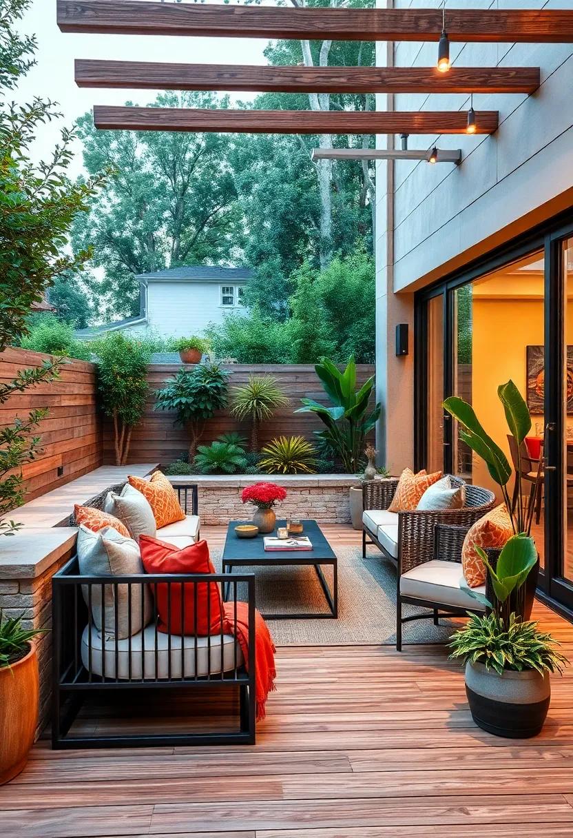 Delight in ​a chic modern​ patio with sleek metal seating built into ⁣wooden decking, ‌perfectly‌ complementing ​clean lines and an uncluttered​ aesthetic