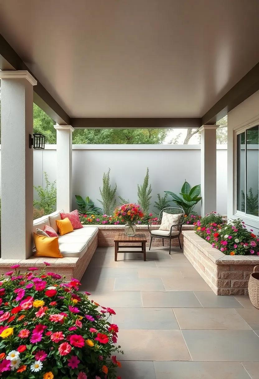 Discover the beauty of a floral garden patio with‌ built-in seating edged in flowering​ shrubs,​ creating a picturesque ​setting ‌for relaxation and nature appreciation