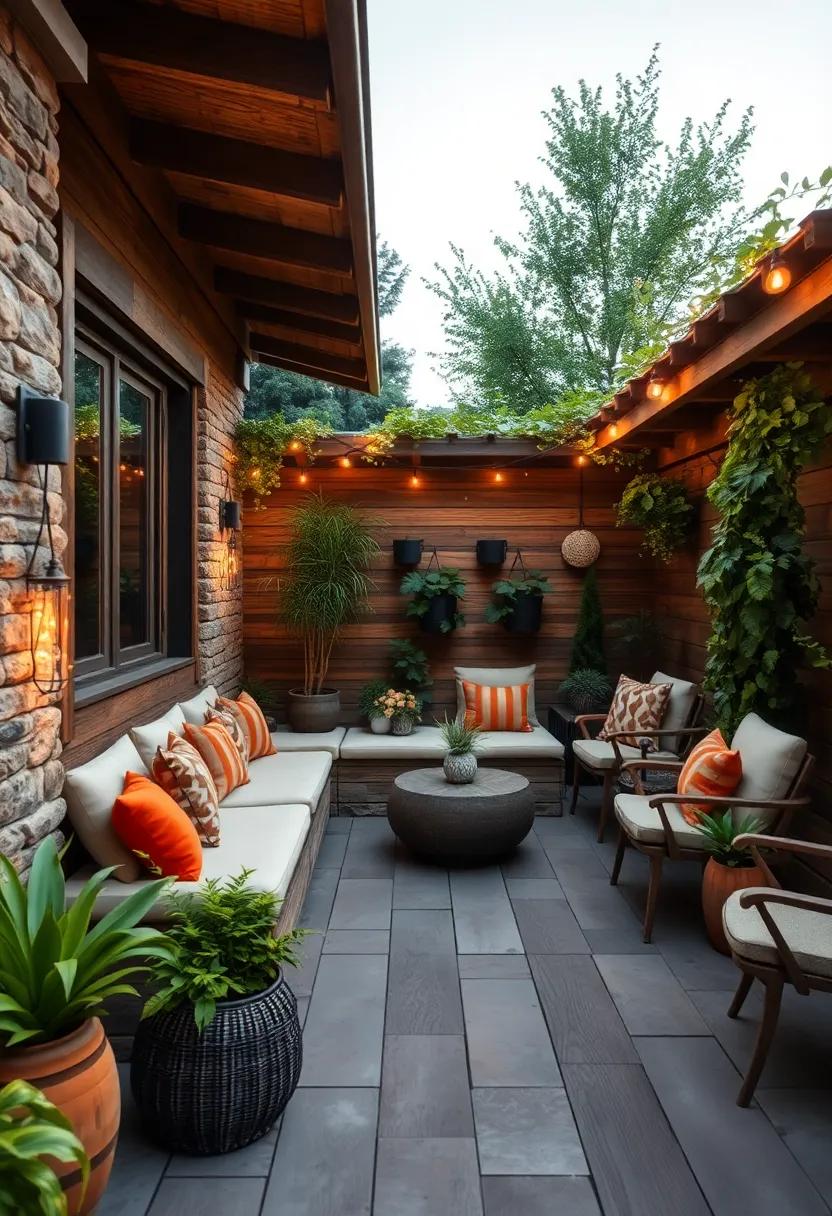 Discover the charm of‍ a rustic wooden patio featuring built-in benches, ‌surrounded by lush greenery and ‍soft fairy lights for a⁤ cozy evening retreat