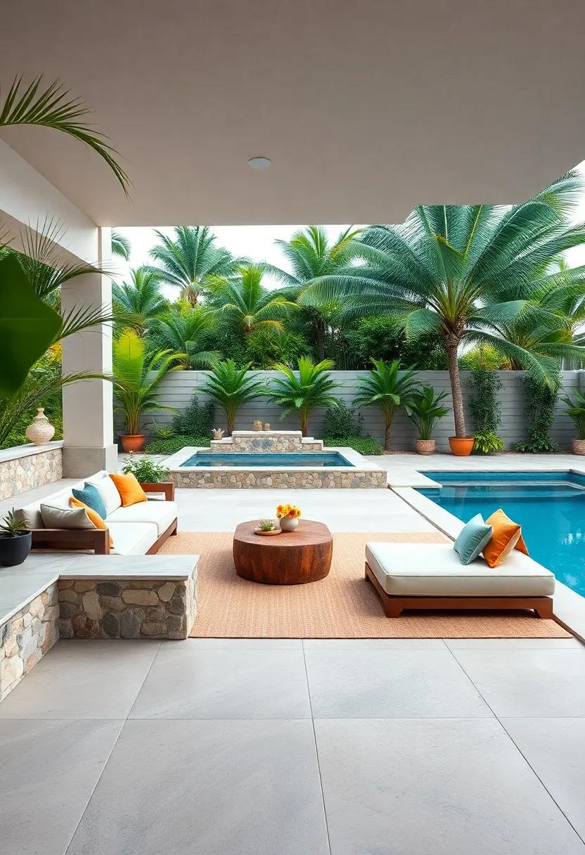 Dive into ​a tropical ⁢paradise with ⁤a‍ patio built around a pool, featuring sleek built-in loungers that double as seating for sunbathing and relaxation