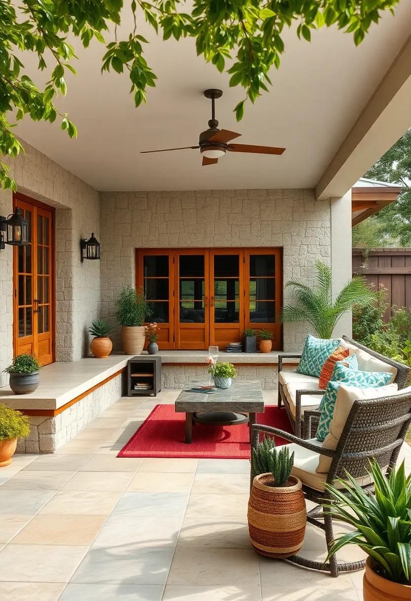 Embrace the ‍charm of a countryside-themed patio featuring built-in wooden seating and​ earthy tones, perfect for savoring ⁣rural⁣ simplicity