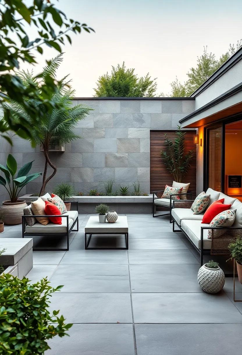 Embrace modern minimalism with a sleek stone-paved patio that ⁤incorporates built-in⁢ concrete ​seating, perfect for ⁣hosting​ stylish outdoor​ gatherings